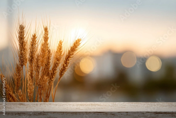 Fototapeta Golden wheat stalks stand against soft sunset background, evoking sense of tranquility