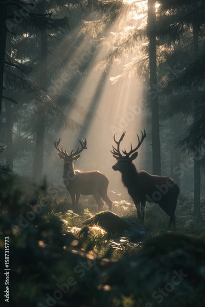 Fototapeta Majestic deer in serene forest, illuminated by soft sunlight filtering through trees