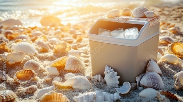 Fototapeta A beach cooler filled with ice sits among seashells on the sandy shore, evoking summer vibes and coastal relaxation under the warm sunlight.