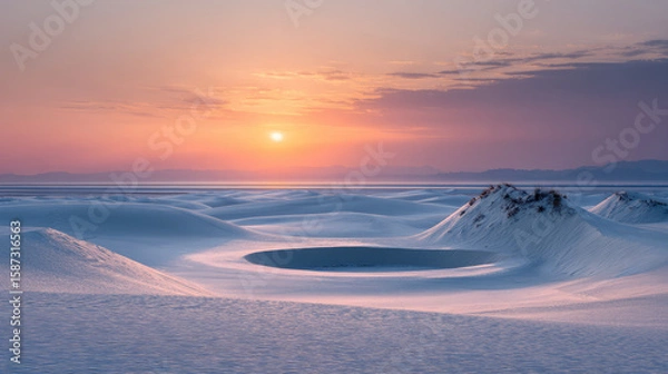 Fototapeta Serene landscape featuring vast expanse of white sand dunes colorful sunset, with circular