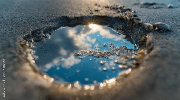 Fototapeta Serene reflection of clouds in small puddle on sandy beach