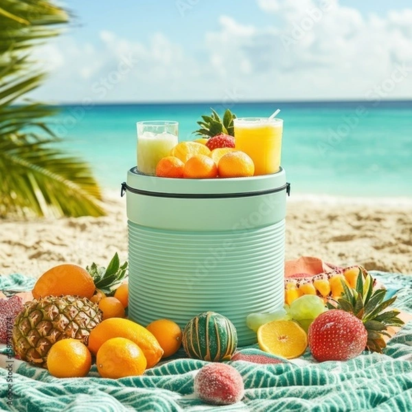 Fototapeta Refreshing tropical fruit cooler on a beach blanket offers a vibrant display of oranges, pineapple, strawberries, and juice glasses, perfect for summer refreshment.