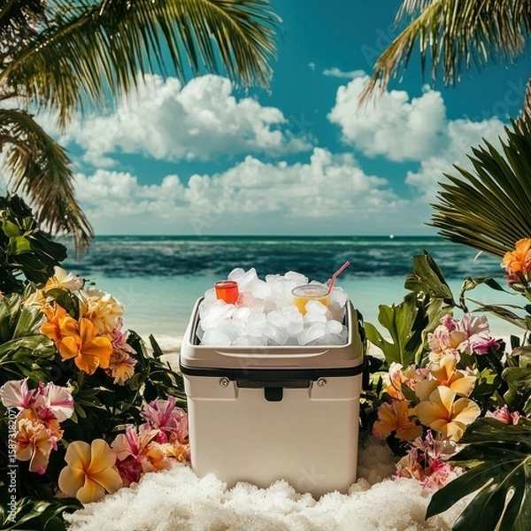 Fototapeta Enjoy a refreshing beach vacation with a cooler filled with ice and drinks, surrounded by tropical flowers and palm trees, perfect for summer relaxation and seaside fun.