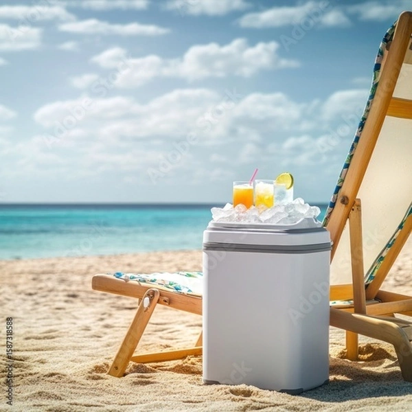 Fototapeta Beach cooler with refreshing drinks on ice, perfect for a summer vacation by the ocean, featuring a deck chair and a sunny sky for a relaxing tropical getaway.
