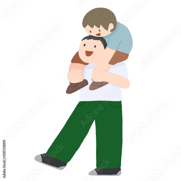 Fototapeta 男の子を肩車する父親のかわいい手描きカラーイラスト
