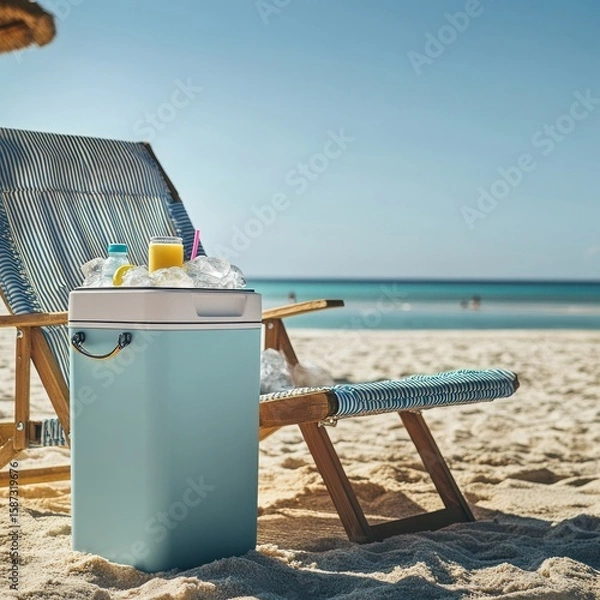 Fototapeta A refreshing cooler filled with ice and drinks sits on a sandy beach next to a striped lounge chair, perfect for a relaxing summer vacation by the ocean.