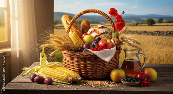 Obraz Rustic Lughnasadh Harvest Basket with Fruits, Corn, and Fresh Bread in Countryside Setting