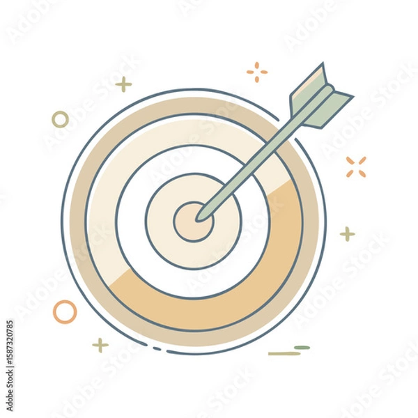 Fototapeta Bullseye dartboard with arrow hitting the center, illustrated in minimal flat style on white background, symbolizes precision, focus training, and the concept of goal-oriented accuracy in competitive 