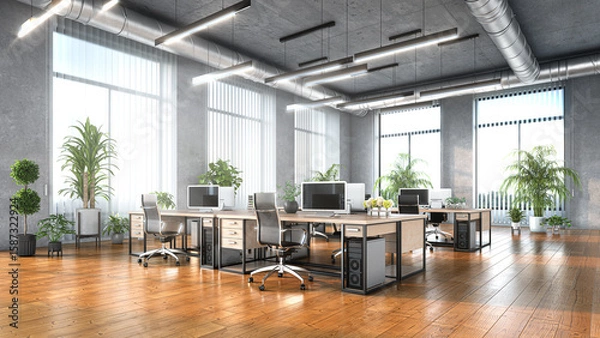 Obraz Open office with view from a large windows interior. 3d illustration