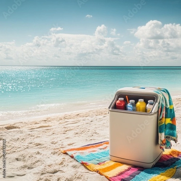 Fototapeta A portable cooler filled with colorful drinks sits on a vibrant beach towel by the ocean, offering a refreshing break during a sunny day at the beach with clear skies.