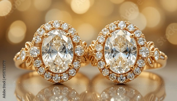 Obraz Two Gold Rings with Oval Diamonds and Smaller Diamond Accents.