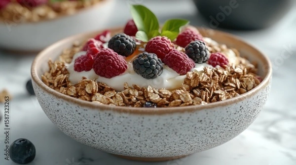 Fototapeta Healthy breakfast yogurt parfait with granola and berries on marble