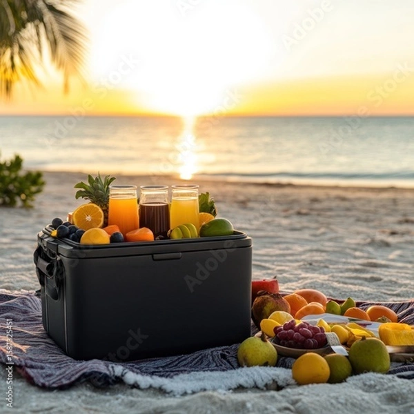 Fototapeta Beach picnic featuring a cooler filled with fresh fruit and juice, set against a beautiful sunset over the ocean, perfect for a refreshing and healthy outdoor experience.