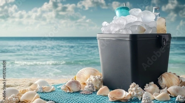 Fototapeta Beach cooler filled with ice, a drink, and a bottle, surrounded by seashells evokes a summer vacation vibe, perfect for travel, relaxation, and coastal themes.