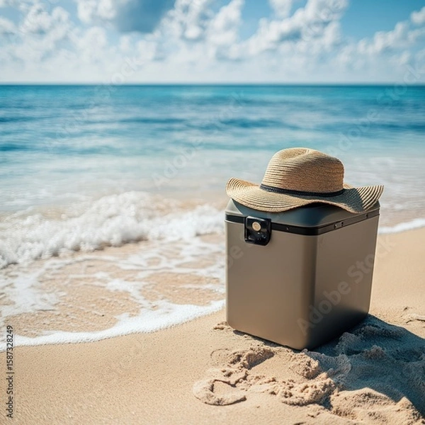 Fototapeta Beach cooler with a straw hat on a sunny day, perfect for summer vacation vibes, showcasing relaxation and outdoor leisure by the ocean with blue sky and soft waves.
