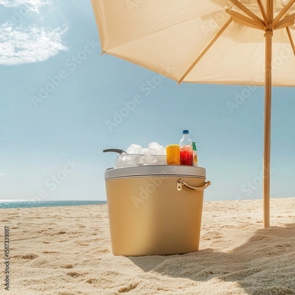 Fototapeta Beach day refreshment featuring a cooler filled with ice and drinks under a sun umbrella, perfect for summer vacation vibes and outdoor leisure, set against a sandy beach and ocean view.