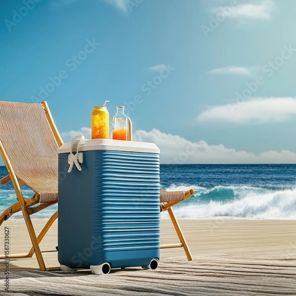Fototapeta A blue cooler sits on a wooden deck next to a beach chair, with refreshing drinks on top, evoking a summer vacation vibe and relaxation by the ocean.