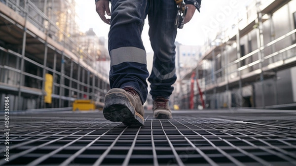 Fototapeta Construction Worker Walking on Metal Grid at Building Site
