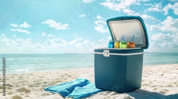 Fototapeta A cooler box filled with colorful drinks sits on a sandy beach next to a blue towel, offering a refreshing summer vibe with the ocean and sky in the background.