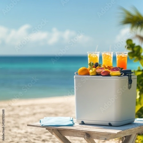 Fototapeta Refreshing summer drinks and fresh fruits are displayed on a cooler, set against a beautiful beach backdrop, perfect for a tropical vacation or a relaxing day by the sea.