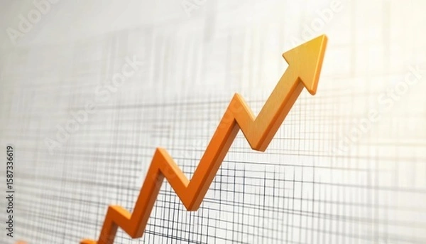Fototapeta An upward-trending orange arrow on a graph symbolizes growth and success, ideal for illustrating financial progress, business development, and positive market trends.