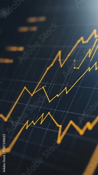 Fototapeta Financial chart displays an upward trend with golden lines on a dark grid, representing growth, investment analysis, and market performance in a visually compelling way.