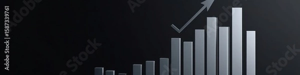 Fototapeta Ascending bar graph with an arrow pointing upwards symbolizes growth, progress, and positive trends in business, finance, and economic development on a dark background.