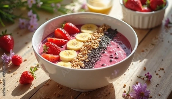 Fototapeta A vibrant, colorful smoothie bowl topped with sliced strawberries, bananas, chia seeds, granola, and edible flowers, arranged neatly in a white ceramic bowl on a wooden table