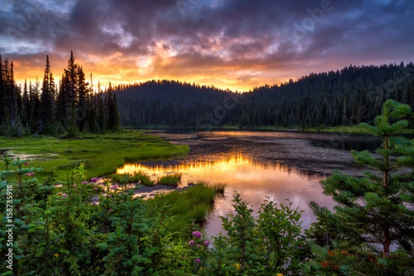 Obraz Scenic view of Mount Rainier reflected across the reflection lakes