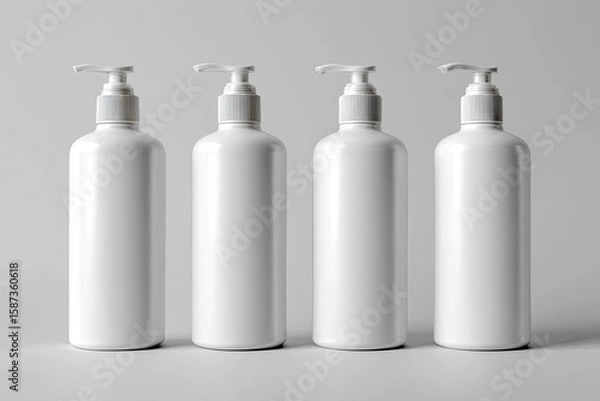 Fototapeta Four identical white plastic pump bottles,  aligned against a plain gray background