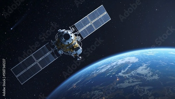 Fototapeta A futuristic telecommunication satellite with solar panels in orbit above planet Earth, a concept of global network and space exploration.