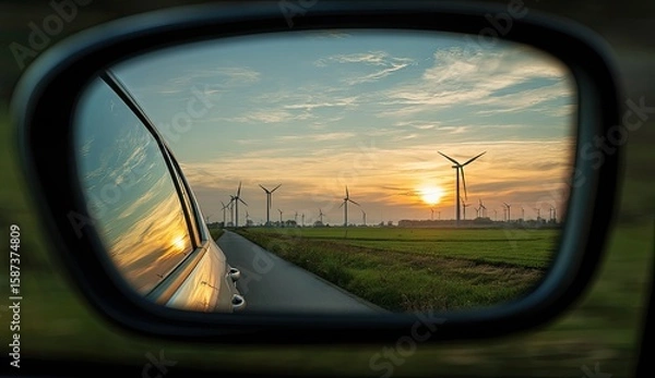 Fototapeta Sunset wind farm view in car side mirror