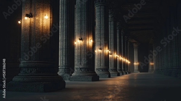 Obraz Dark corridor lined with fluted columns, illuminated by sconces