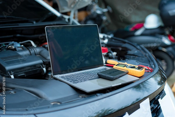 Fototapeta Essential car maintenance tools set up: a laptop rests on the open engine bay, a smartphone displaying “CAR CHECKLIST” on top, and a multimeter with test leads placed nearby