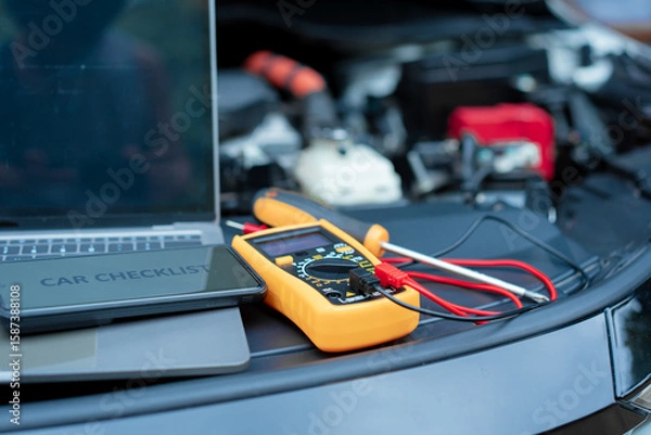 Fototapeta Essential car maintenance tools set up: a laptop rests on the open engine bay, a smartphone displaying “CAR CHECKLIST” on top, and a multimeter with test leads placed nearby