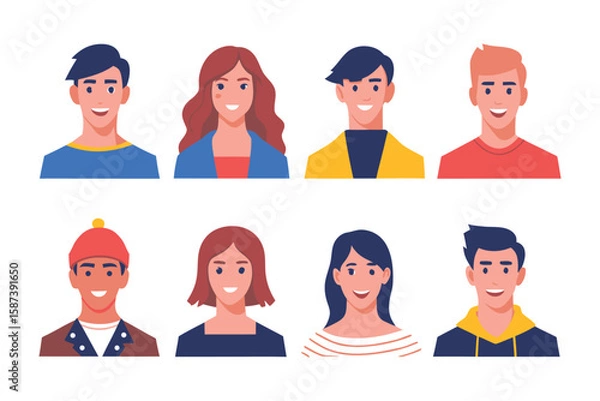 Obraz Diverse Avatar Set: A collection of eight diverse and friendly cartoon avatars, representing a variety of hairstyles, ethnicities, and clothing styles, perfect for website design, app interfaces.