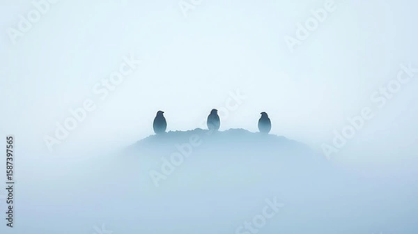 Fototapeta Three penguins silhouetted on a misty hilltop in soft blue light