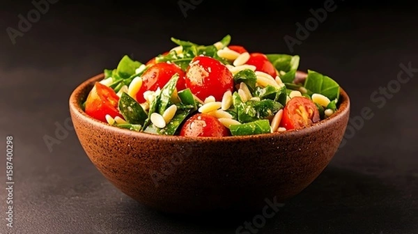 Fototapeta Fresh orzo pasta salad with cherry tomatoes and spinach in a rustic bowl