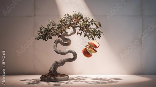 Fototapeta A twisted bonsai-style tree with a sinuous trunk, growing from a round base filled with soil. Suspended in midair next to the tree is a sliced red apple - Generative AI