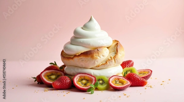 Fototapeta Australian pavlova dessert sits atop a soft, gradient pastel background