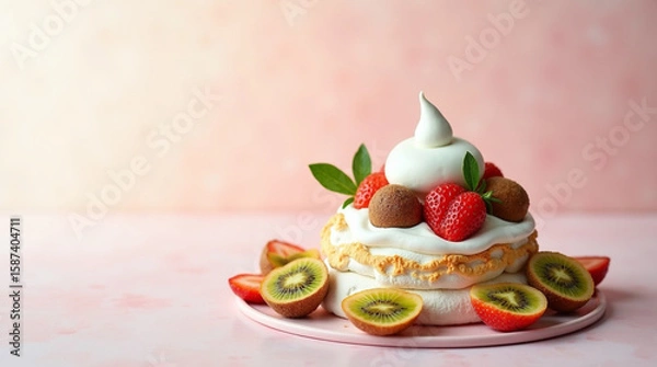 Fototapeta Australian pavlova dessert sits atop a soft, gradient pastel background