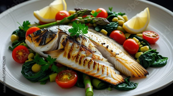 Fototapeta grilled barramundi fillet, cooked to perfection with a slightly charred crust