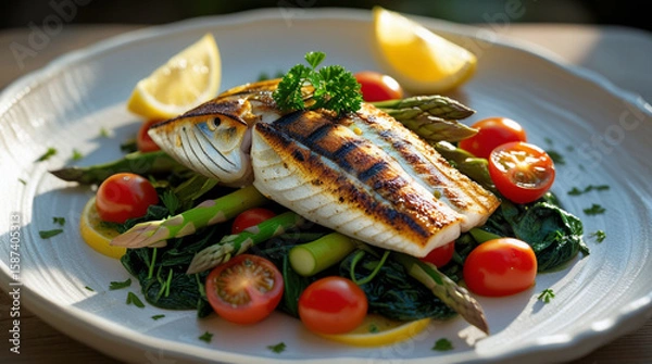 Fototapeta grilled barramundi fillet, cooked to perfection with a slightly charred crust