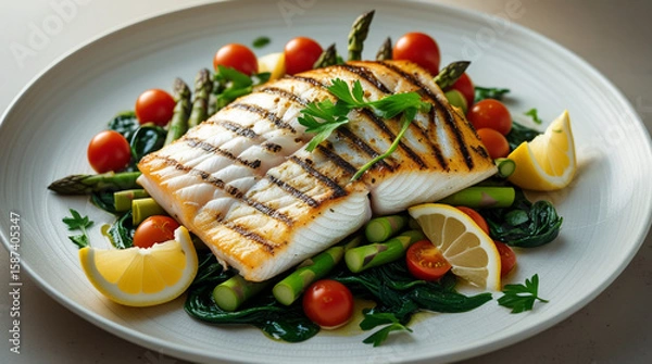 Fototapeta grilled barramundi fillet, cooked to perfection with a slightly charred crust
