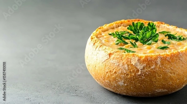 Fototapeta Hearty bean soup served in a crusty bread bowl with fresh parsley garnish