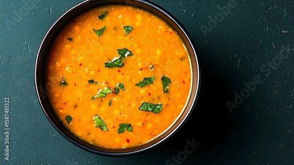 Fototapeta Hearty red lentil soup garnished with fresh parsley and red pepper flakes