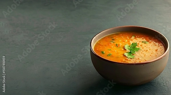Fototapeta Hearty lentil soup garnished with fresh parsley in a rustic bowl