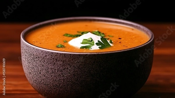 Fototapeta Warm and creamy soup topped with fresh parsley and a dollop of cream