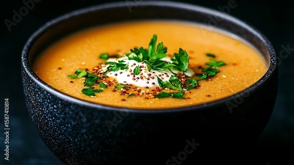 Fototapeta Creamy lentil soup garnished with fresh parsley and toasted quinoa