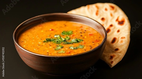 Fototapeta Hearty lentil soup garnished with cilantro served with flatbread